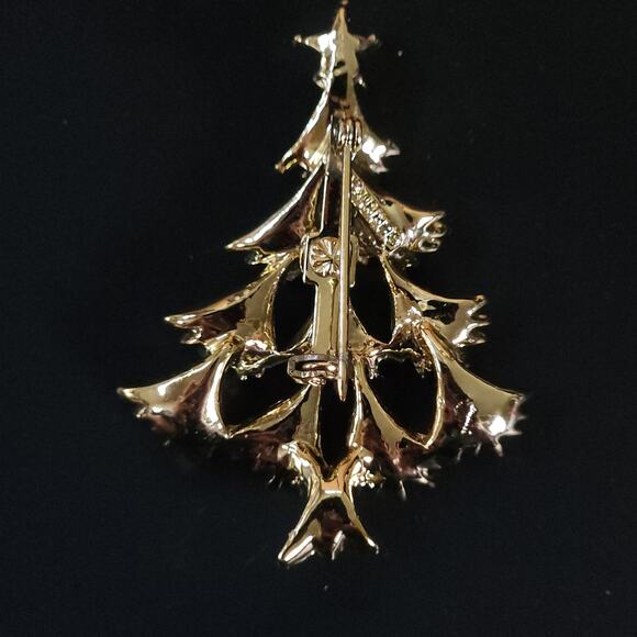Festive Golden Christmas Tree Brooch, Vintage Christmas Themed Pin - Picture 9 of 10